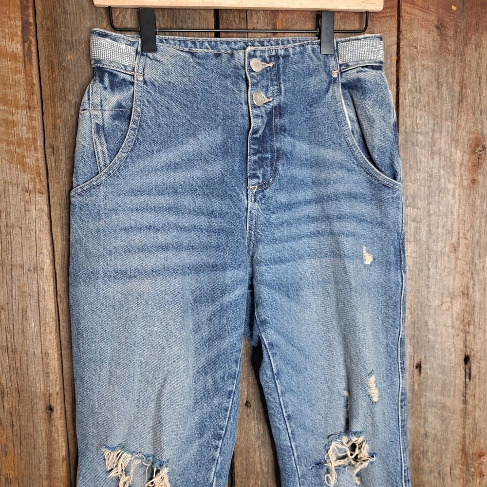 Mcbling Y2k Inspired Rhinestone Studded Exposed Button Fly Zara Jeans Women's 4
